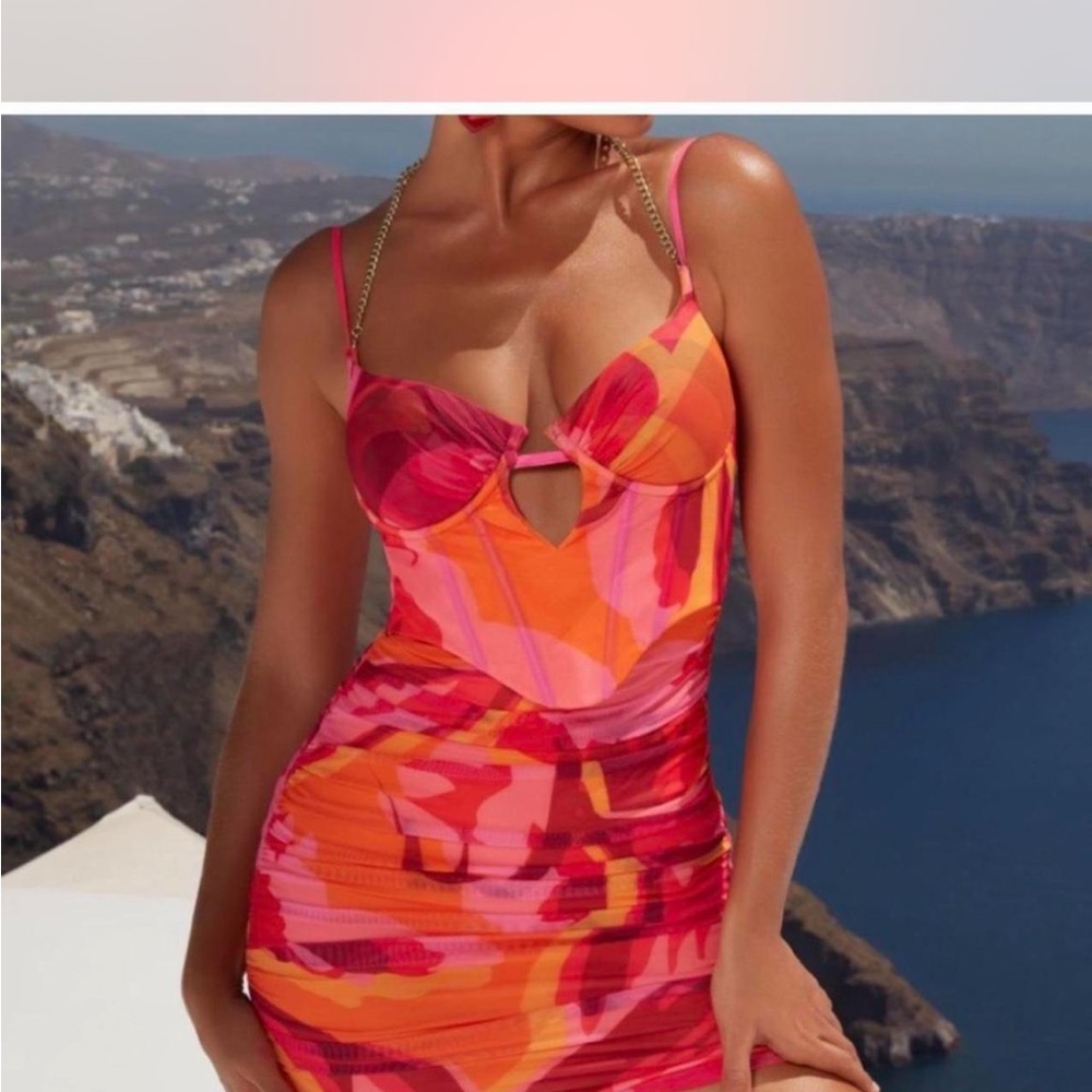 Oh Polly Ruched Corset Mini Dress in Pink Print